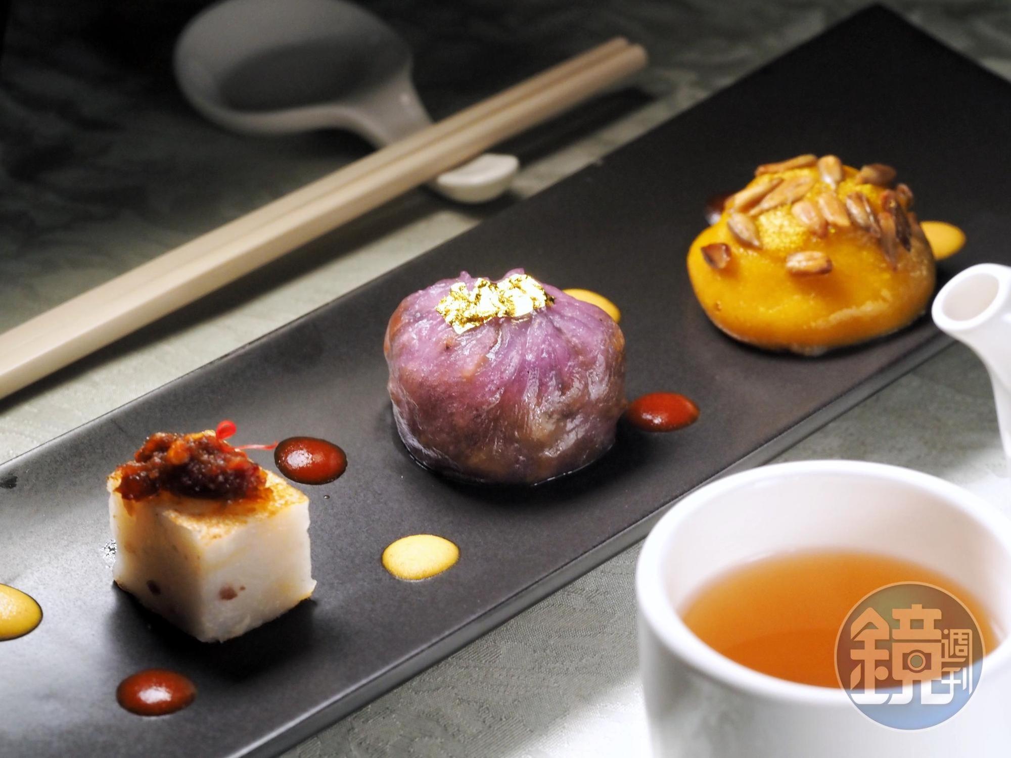  「點心三樣」為蘿蔔糕（左起）、火鴨包、煎粿糍，火鴨包中暗藏紫薯、九層塔、筍丁等台味元素。（珍珠坊夏至套餐菜色）