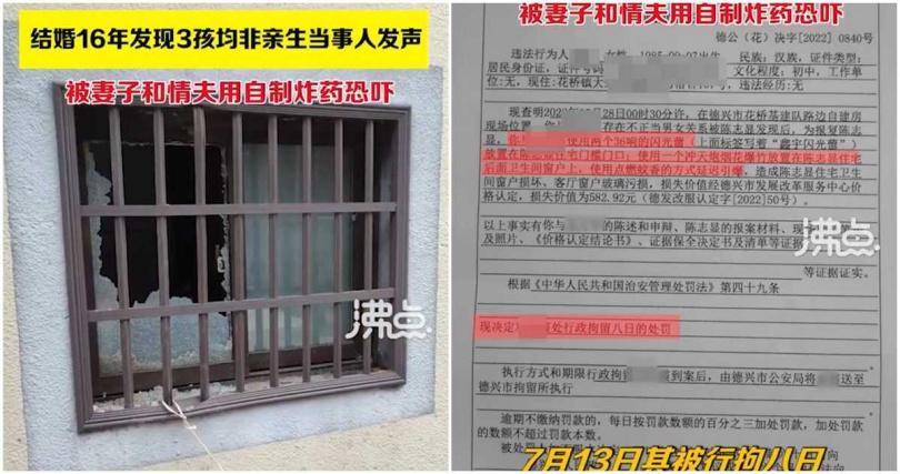 陳男表示，妻子與情夫拿煙火鞭炮炸他們家報復威脅。（翻攝自頭條新聞微博）