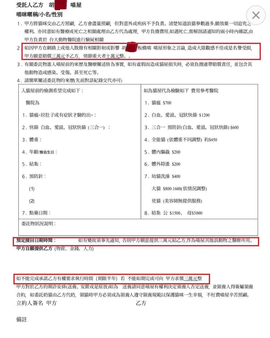 愛貓人士指出，至該協會領養貓咪須簽署協議書，認為部份條款不合理。（讀者提供）