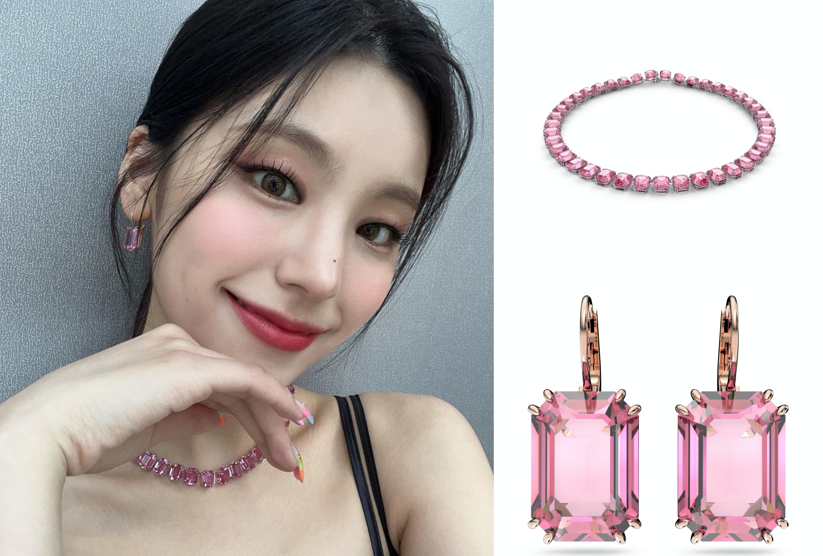 女團ITZY成員禮志配戴Millenia項鍊NT$18,000、Millenia水滴形耳環NT$4,250。(施華洛世奇提供)