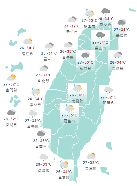 全台各地白天天氣一覽。(中央氣象局提供)