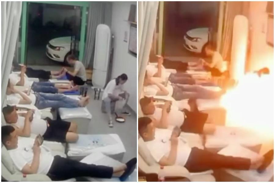 足療店發生意外,女員工疑似將油桶整罐倒入小火盆引發爆炸。(翻攝自爆廢公社公開版)