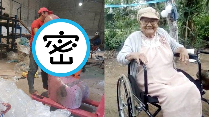 阿嬤與她生前許願的一人高超巨大GG。（翻攝臉書ValeNtina Asimakopoulou