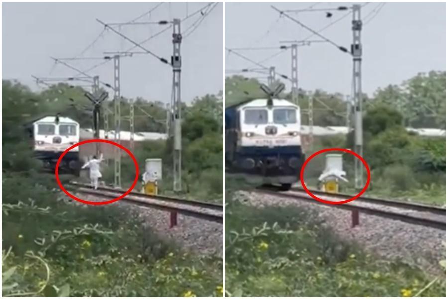 印度一名阿兵哥著急著探望家人,竟與火車拚速度,最後遭撞飛慘死鐵軌旁。(翻攝自推特)