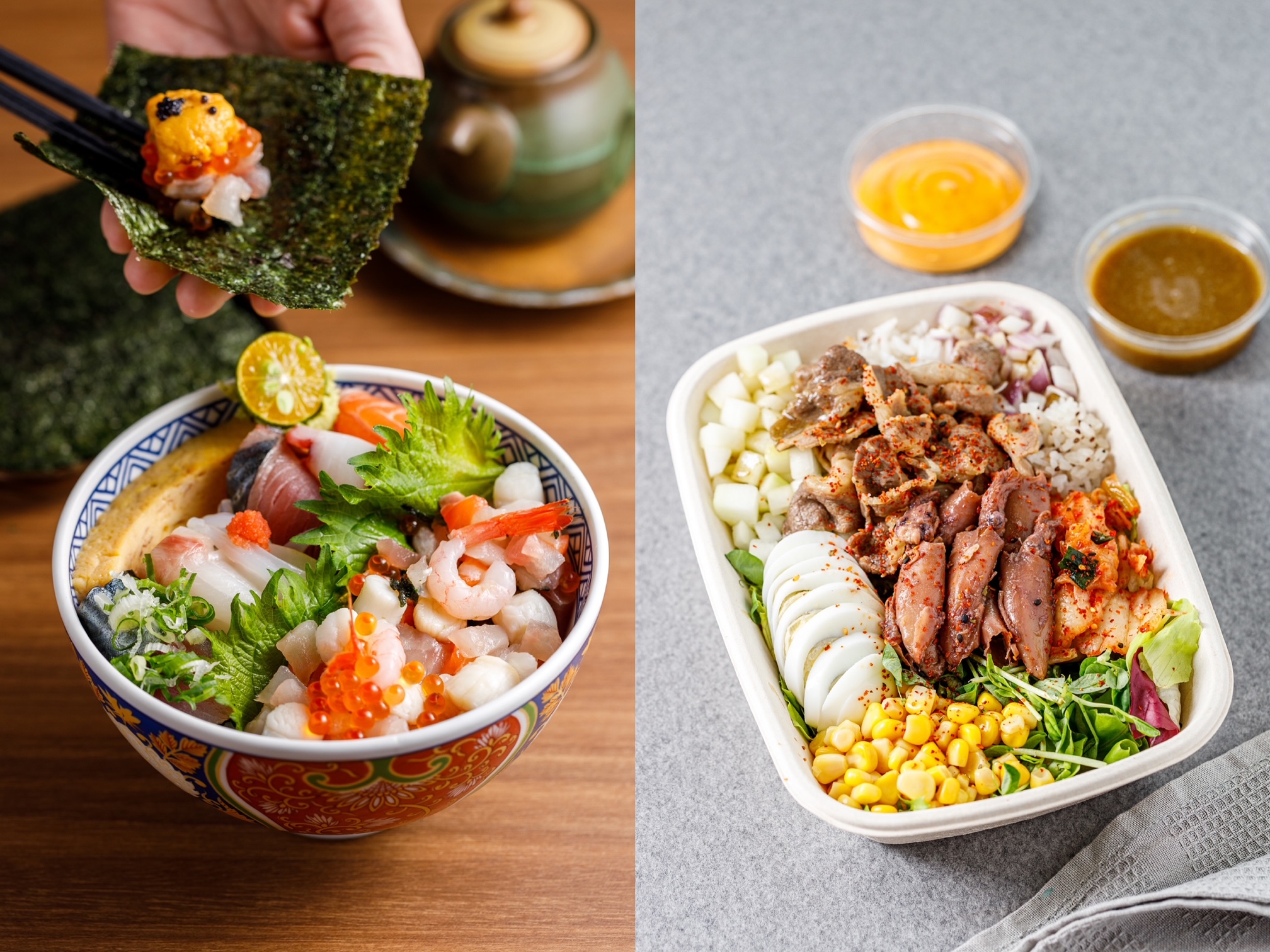 春大直1樓「主廚市場CHEF MARKET」有超人氣日式生魚丼品牌「瞞著爹」（左）與夏威夷生魚拌飯品牌「POKE Lee classic」進駐。