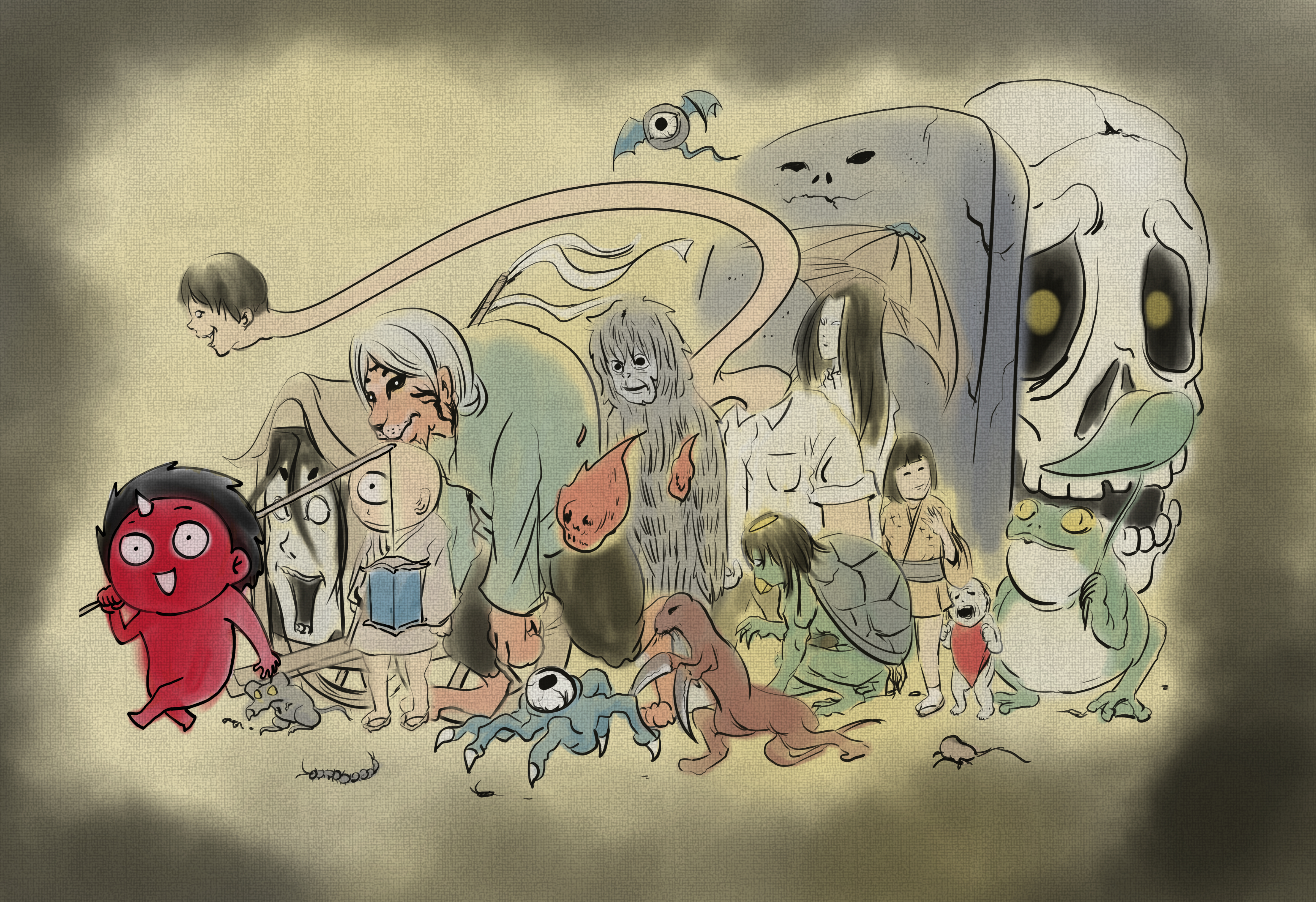 阿慢認為，恐怖故事的魅力是對未知的探索，會想辦法讓讀者猜不到結局。圖為阿慢創作的妖怪群。（時報出版、阿慢提供）