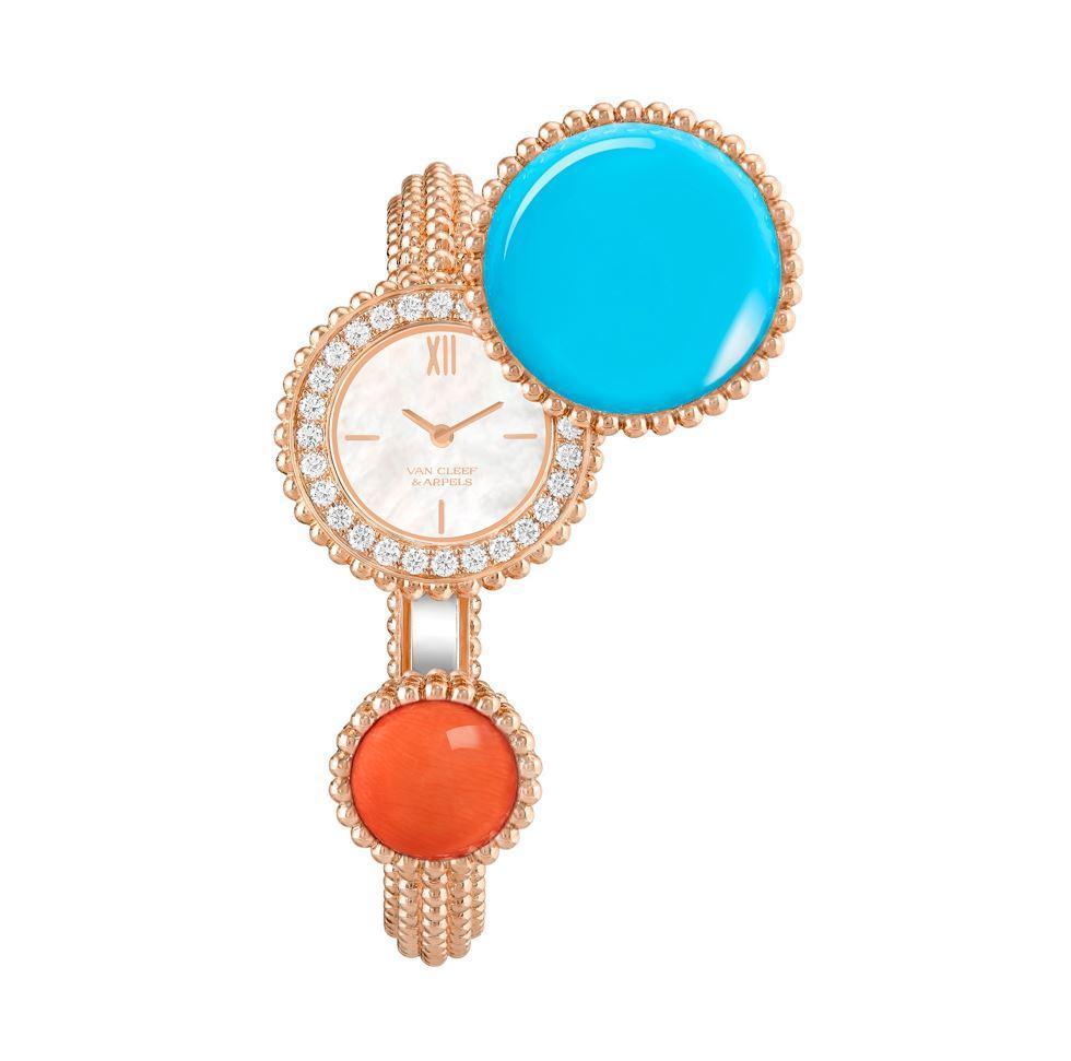 Van Cleef & Arpels_Perlée Toi & Moi腕錶(玫瑰金、鑽石、綠松石、珊瑚、白色珍珠母貝),美洲與歐洲限定款。(梵克雅寶提供)