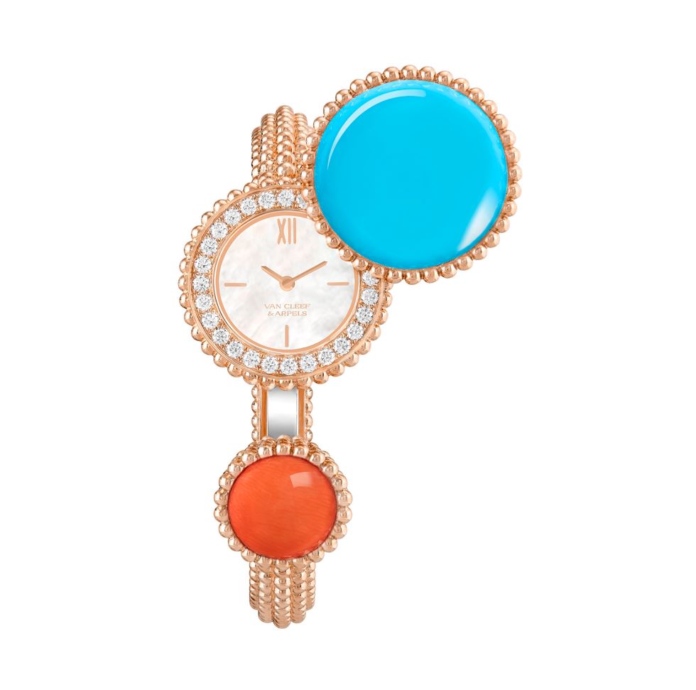 Van Cleef & Arpels_Perlée Toi & Moi腕錶(玫瑰金、鑽石、綠松石、珊瑚、白色珍珠母貝),美洲與歐洲限定款。(梵克雅寶提供)