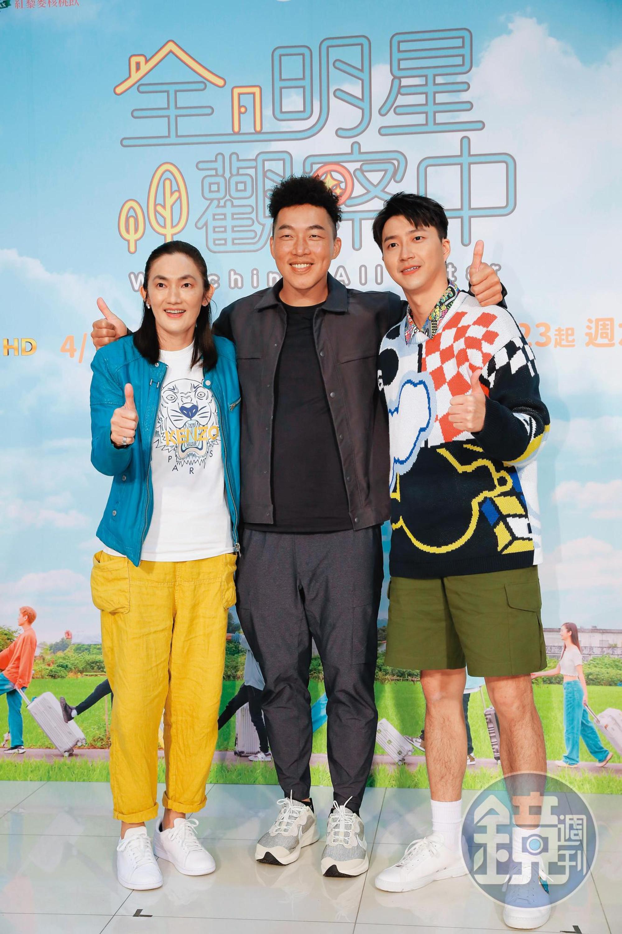 江宏傑(右)的家醜外洩後,《全明星》同事錢薇娟(左)稱:「這些事他都處理得非常好,整個人成熟很多。」中為郭泓志。
