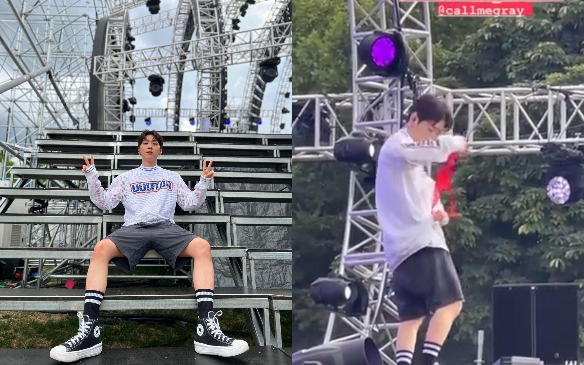 韓國嘻哈歌手Gray近日在倫敦音樂節表演,有粉絲丟內衣上台。(左翻攝Gray IG、右翻攝Dimps #NeedtoKnow 7.12 推特)