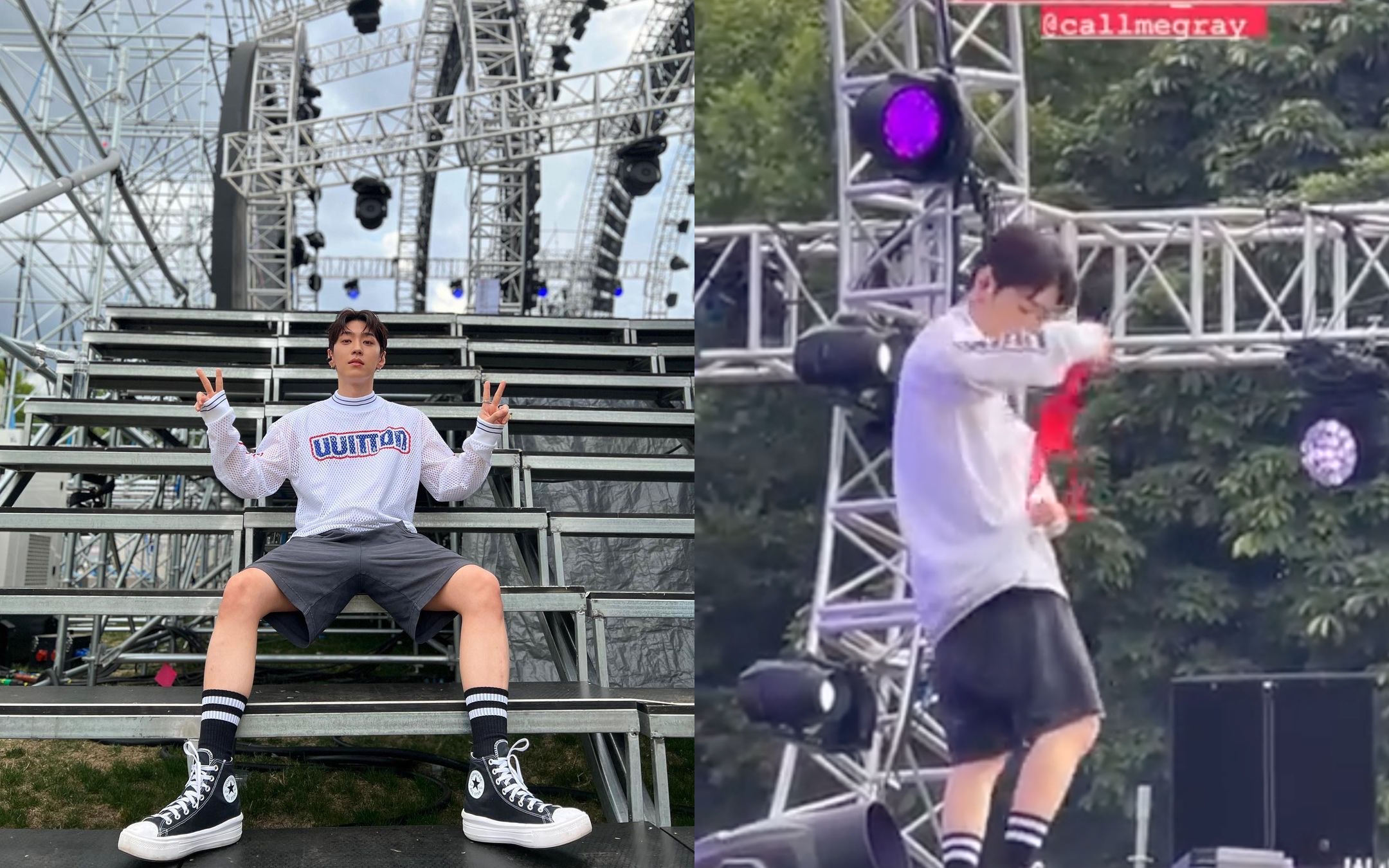 韓國嘻哈歌手Gray近日在倫敦音樂節表演，有粉絲丟內衣上台。（左翻攝Gray IG、右翻攝Dimps #NeedtoKnow 7.12 推特）