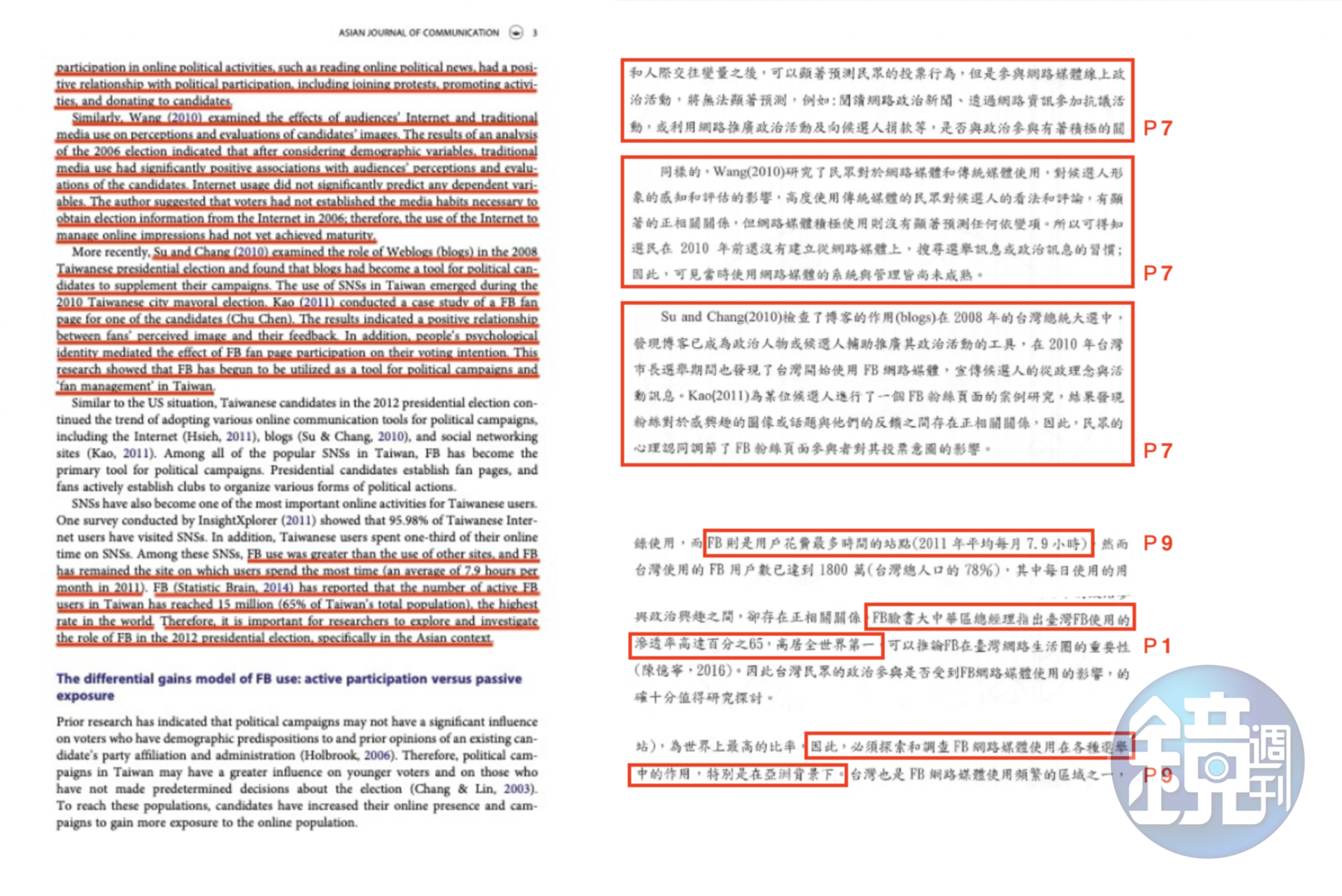 左圖為原著政大教授林日璇的英文論文,遭林杏兒英翻中、複製貼上在她的碩士論文(右圖)不同頁數裡。