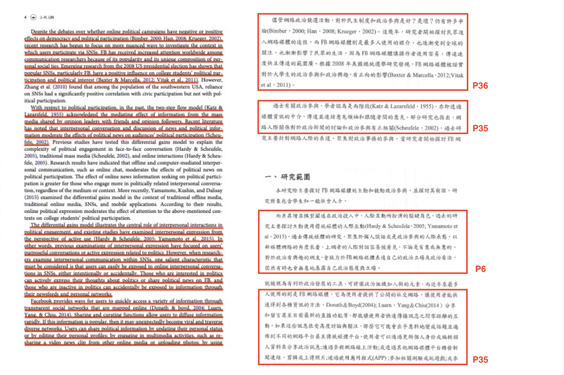 左圖為原著政大教授林日璇的英文論文，遭林杏兒英翻中、複製貼上在她的碩士論文（右圖）不同頁數裡。
