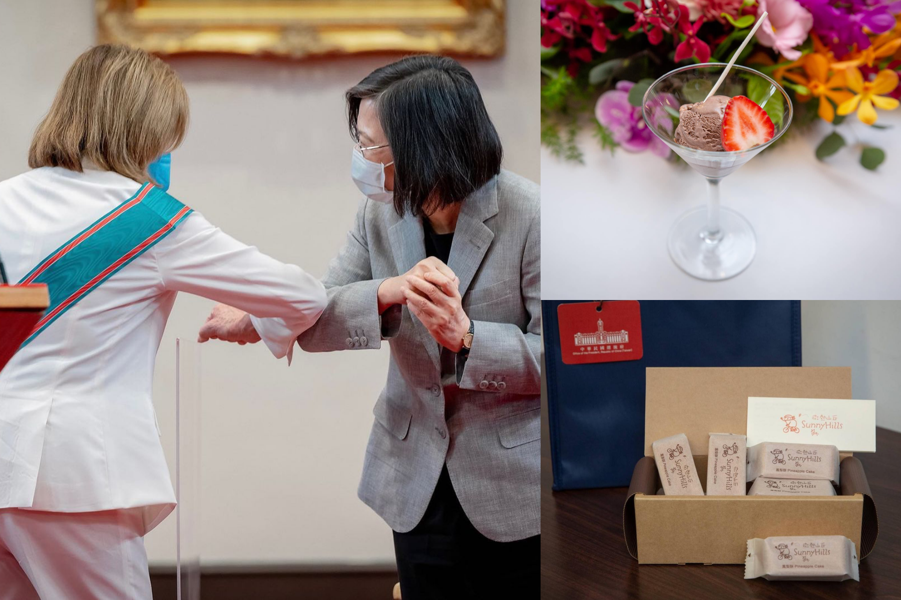 對了款待美國參議院議長裴洛西（左圖左），我國總統蔡英文（左圖右）特地送上鳳梨酥與巧克力冰淇淋。（翻攝自蔡英文IG、臉書）