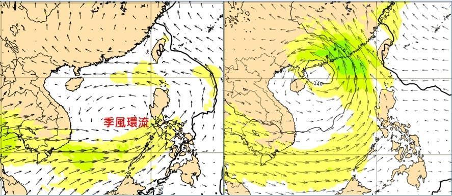 最新歐洲模式模擬顯示,週日晚上8點南海又有「季風環流」(monsoon gyre)逐漸成形;下週三(10日)晚上8點熱帶擾動已在廣東海面。(翻攝自三立準氣象.老大洩天機專欄)