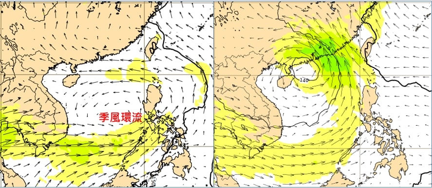 最新歐洲模式模擬顯示，週日晚上8點南海又有「季風環流」（monsoon gyre）逐漸成形；下週三（10日）晚上8點熱帶擾動已在廣東海面。（翻攝自三立準氣象．老大洩天機專欄）