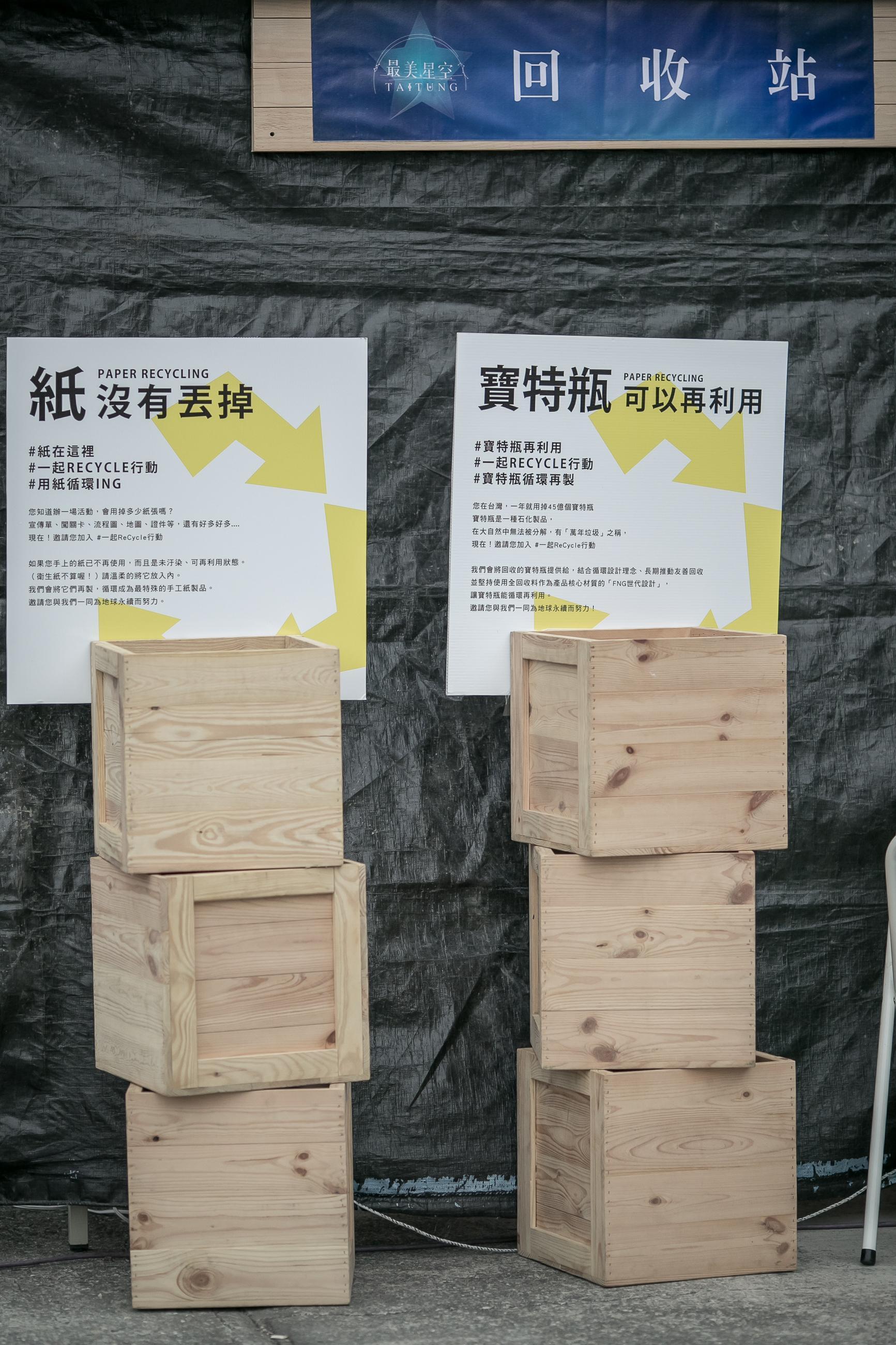 活動現場的回收區「不簡單」,看板上的說明與呼籲提醒人們注意環保的重要性。(臺東縣政府交通及觀光發展處觀光遊憩科提供)
