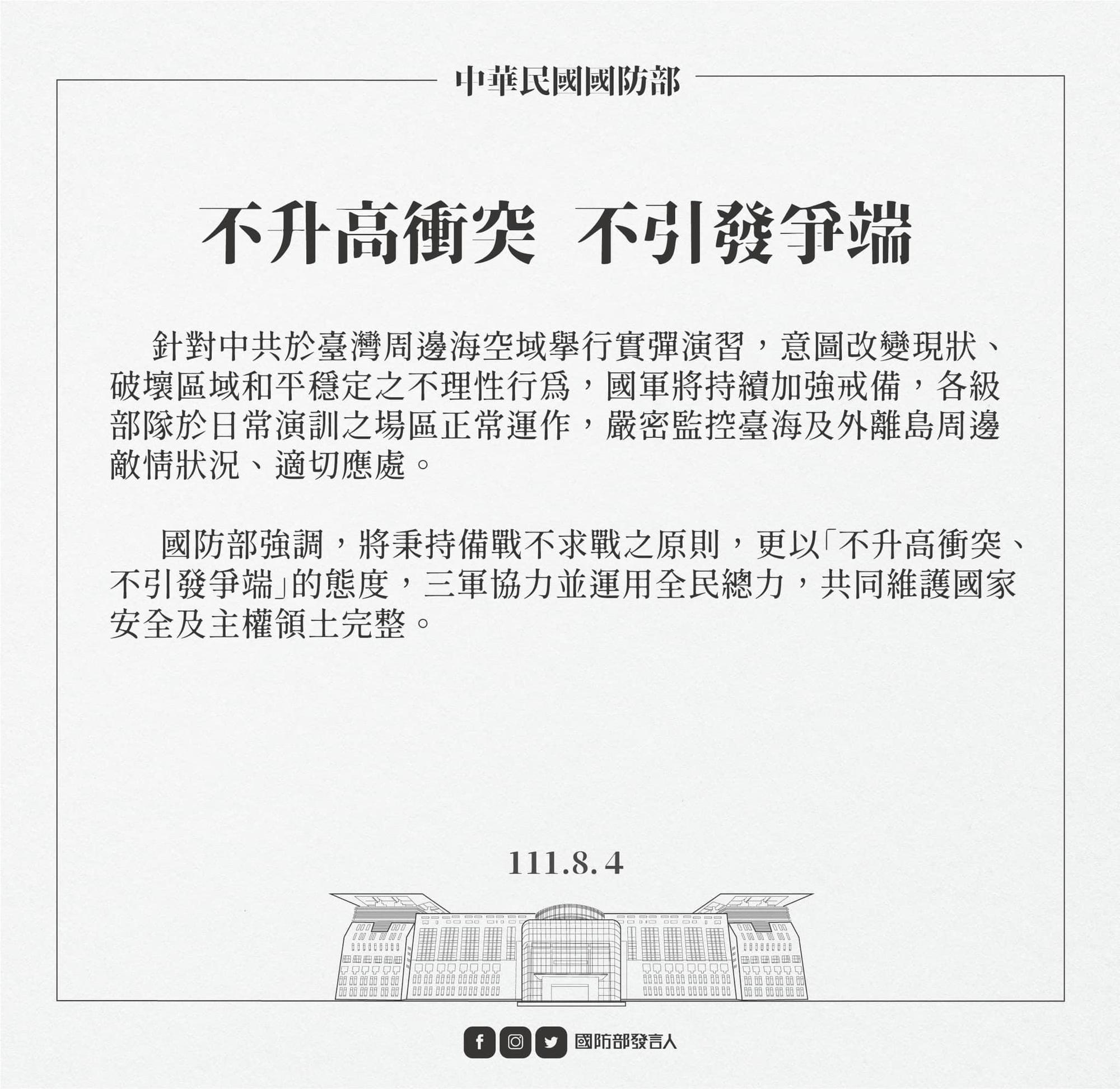 國防部昨天以「備戰不求戰,應戰不避戰」的態度回應,今天又再度釋出最新回應,強調「不升高衝突,不引發爭端」。(翻攝自國防部發言人臉書)