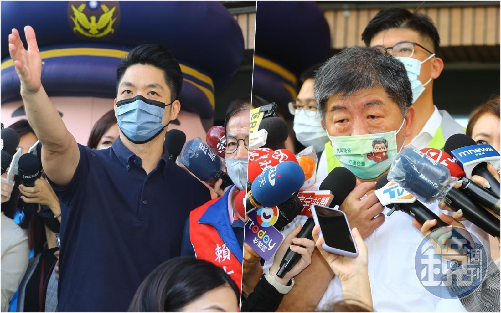蔣萬安（左）與陳時中（右）今上午出席同場活動，卻未直接互動，而是透過媒體訪問隔空對話。