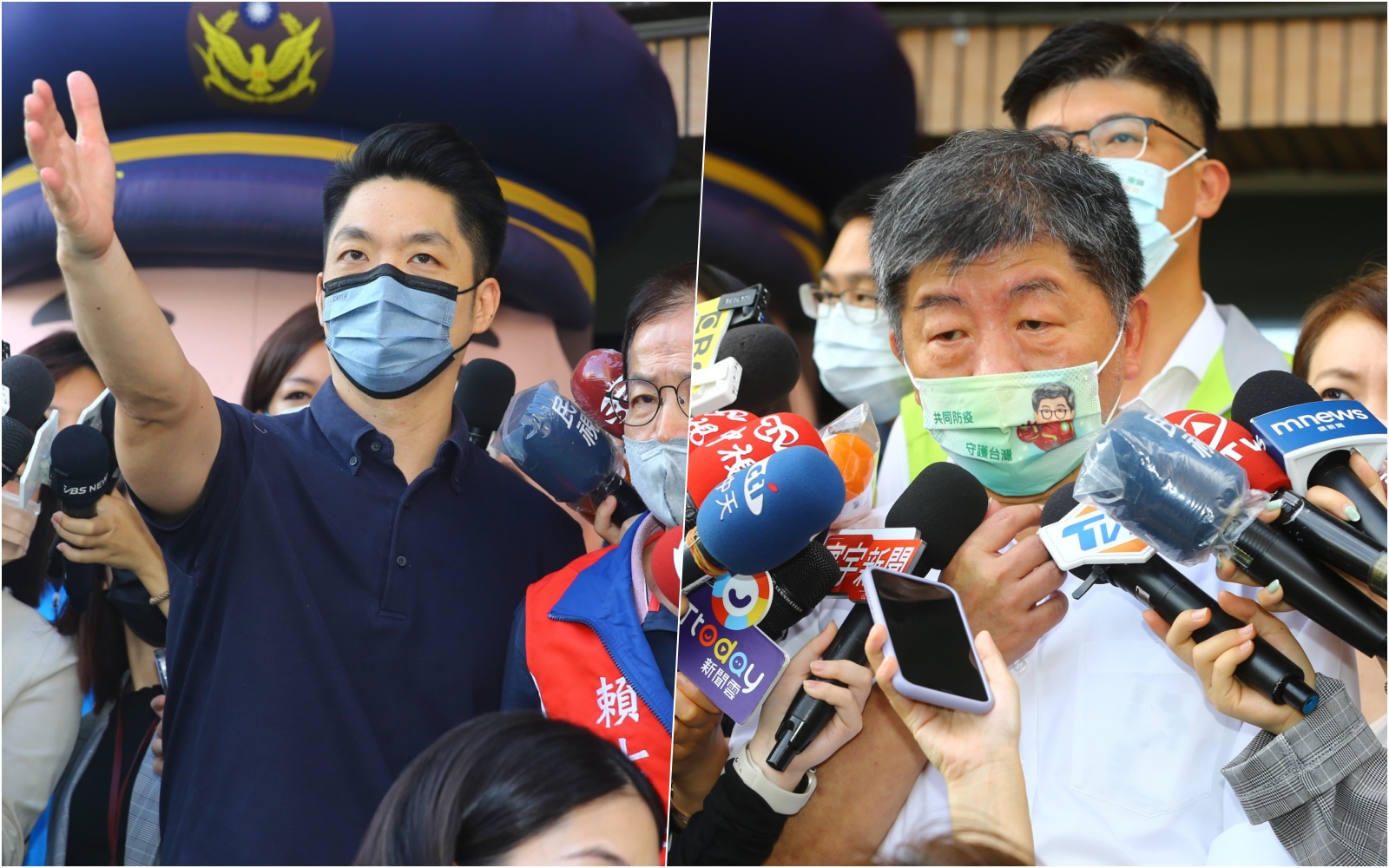 蔣萬安（左）與陳時中（右）今上午出席同場活動，卻未直接互動，而是透過媒體訪問隔空對話。