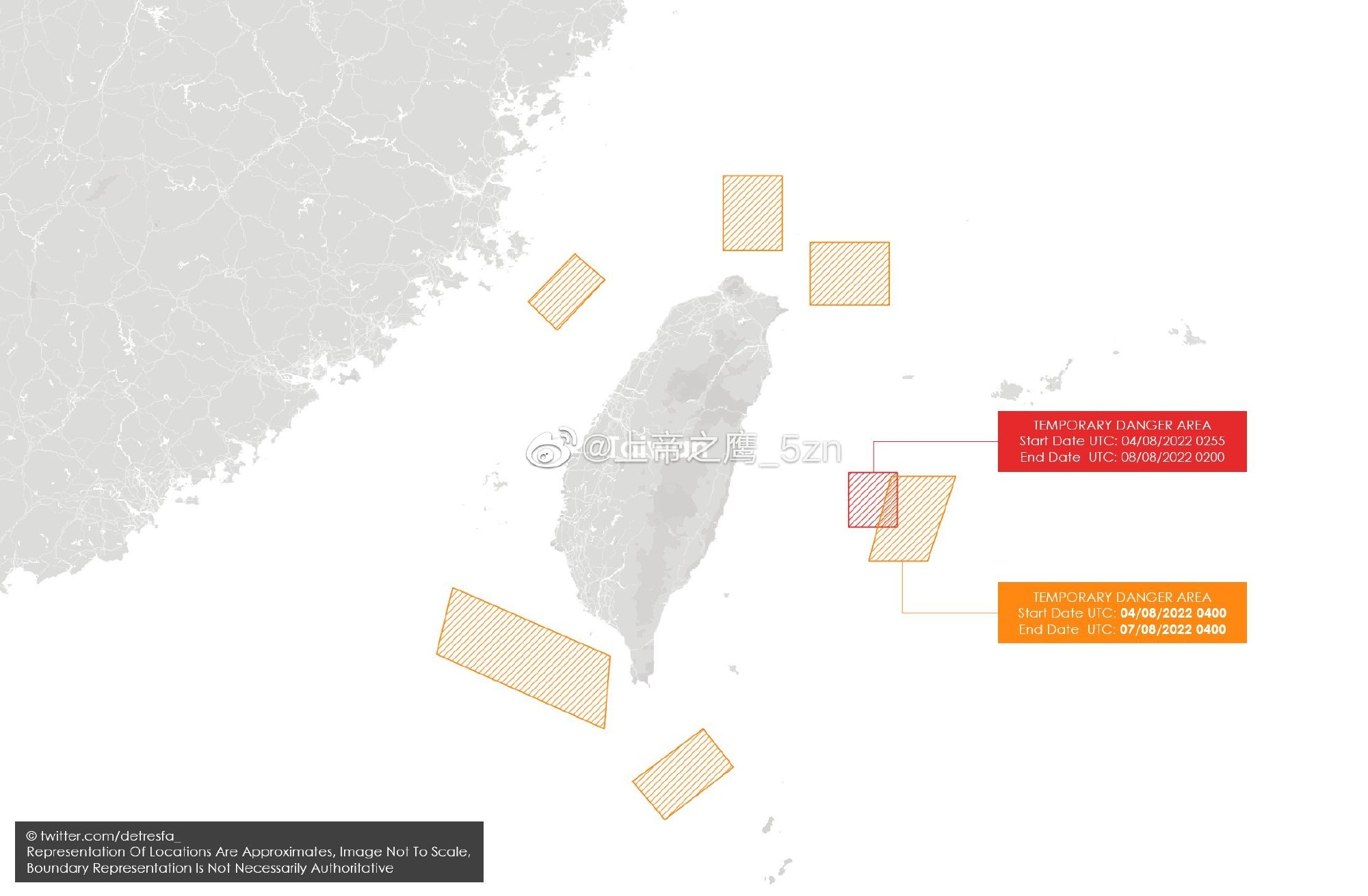 中共圍台軍演再增一處，更加靠近花蓮。（翻攝自上帝之鹰_5zn微博）