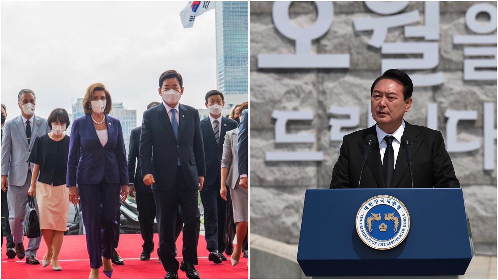 裴洛西今日上午前往南韓國會，下午與尹錫悅通電話及前往板門店。（翻攝自裴洛西推特、尹錫悅臉書）