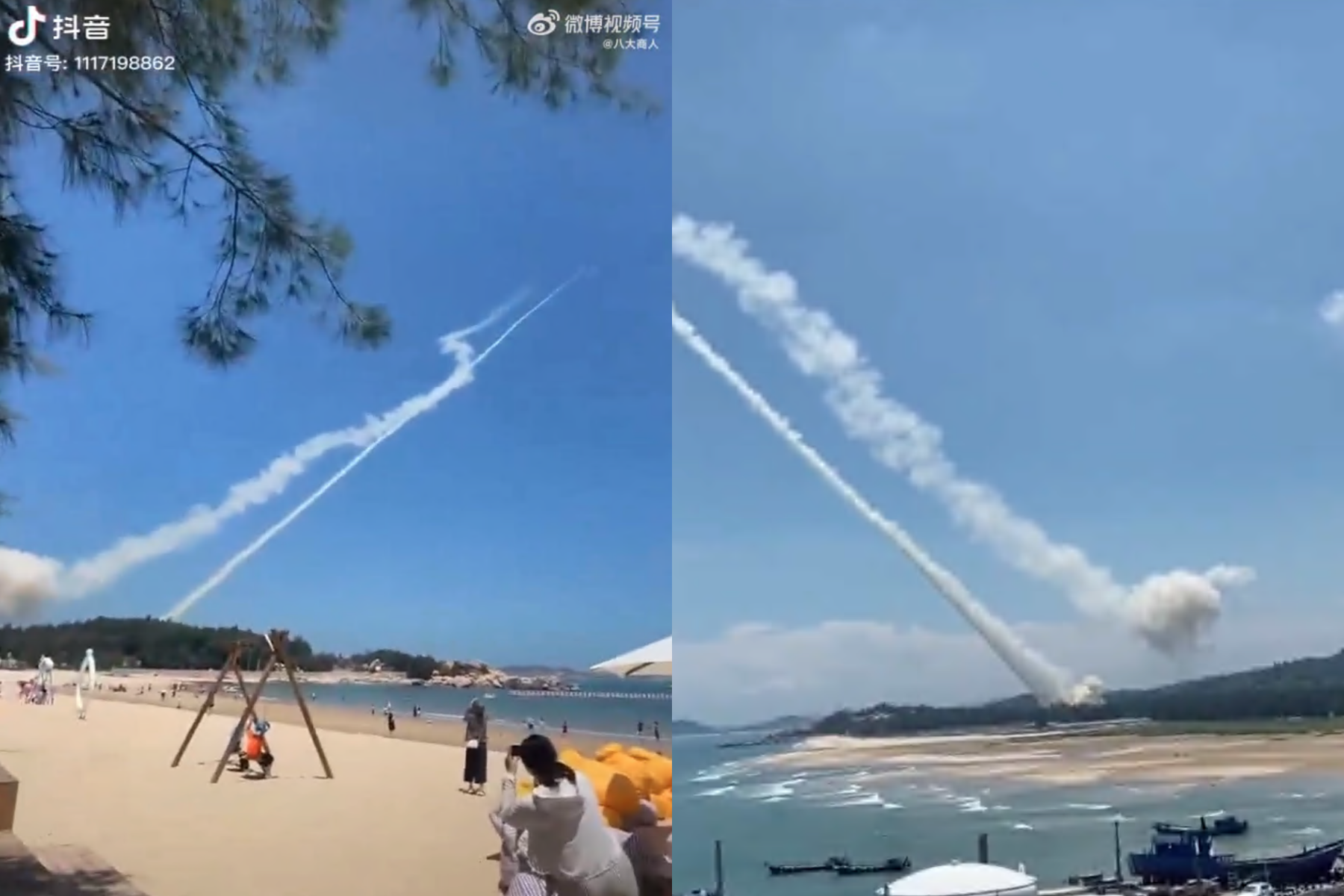 福建平潭近日進行軍演狂射飛彈，中國民眾絲毫沒在怕拿著手機搶拍。（翻攝自微博）