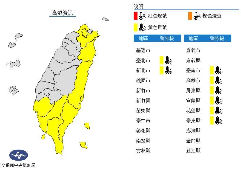 台北市、新北市、台南市、高雄市、屏東縣、宜蘭縣、花蓮縣、台東縣的溫度號誌為黃色。（中央氣象局提供）