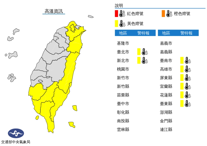 台北市、新北市、台南市、高雄市、屏東縣、宜蘭縣、花蓮縣、台東縣的溫度號誌為黃色。（中央氣象局提供）