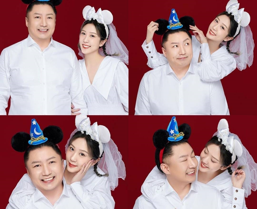 女方公開po了數張兩人頭戴米奇、米妮的頭飾和頭紗照片。（翻攝自Ariel IG）