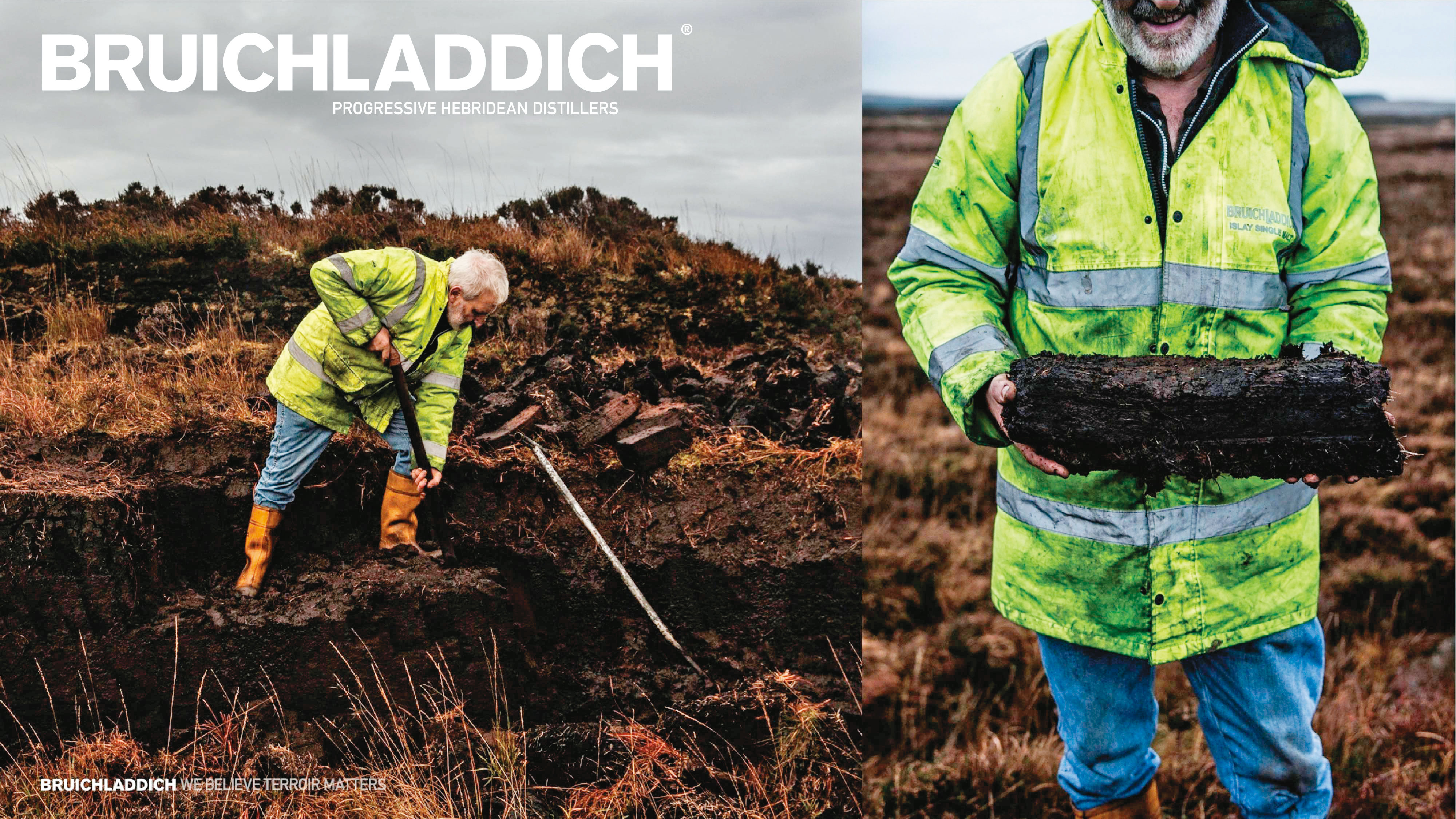 布萊迪酒廠挖泥煤的工人，鮮黃雨衣上沾滿了泥煤漬，有些地方已經發展成機器開採。