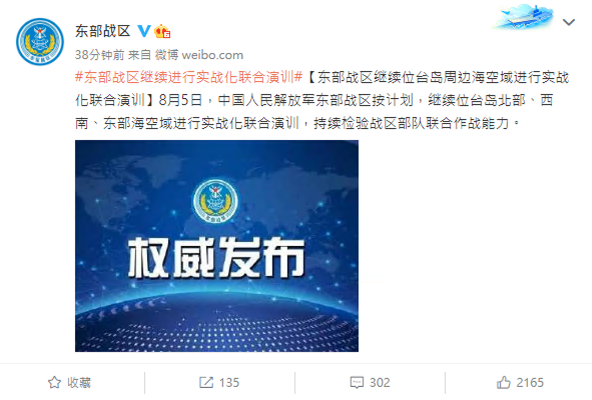 中共解放軍宣布繼續對台實施實彈演習。(翻攝自東部戰區微博)