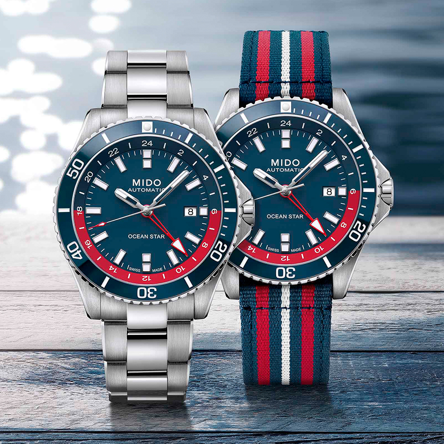 MIDO Ocean Star GMT｜不鏽鋼錶殼／錶徑44mm／自動上鍊機芯／時、分、秒、日期及第二地時間指示／動力儲存約80小時／防水200米／定價NT$42,500
