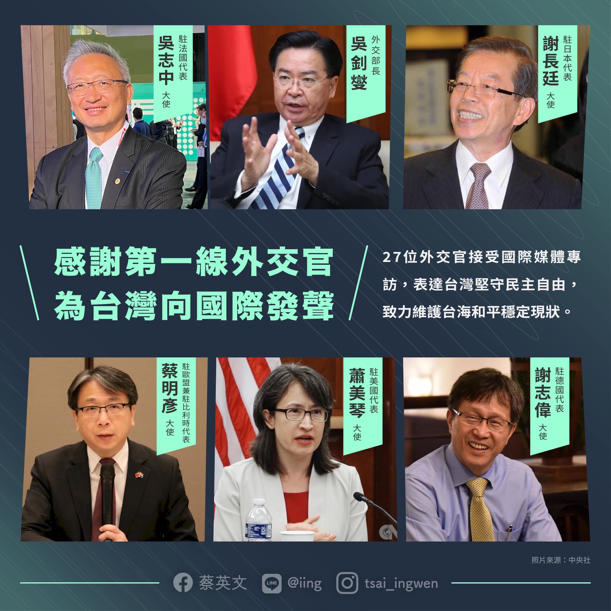 台灣27位外交官在第一線,向國際表達台灣堅守民主自由的決心。(翻攝蔡英文臉書)