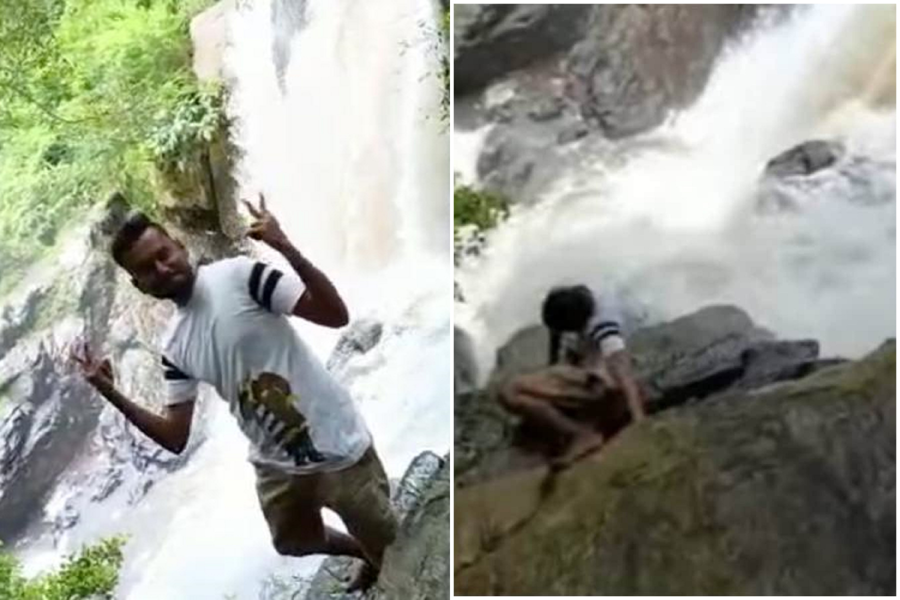 死亡自拍！男冒險踩滑石拍瀑布美景，墜崖10層樓被沖走影片曝光。（翻自推特）