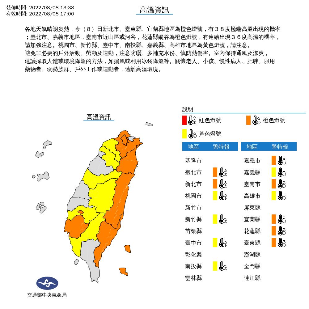 氣象局持續針對全台13縣市釋出高溫資訊。(中央氣象局提供)