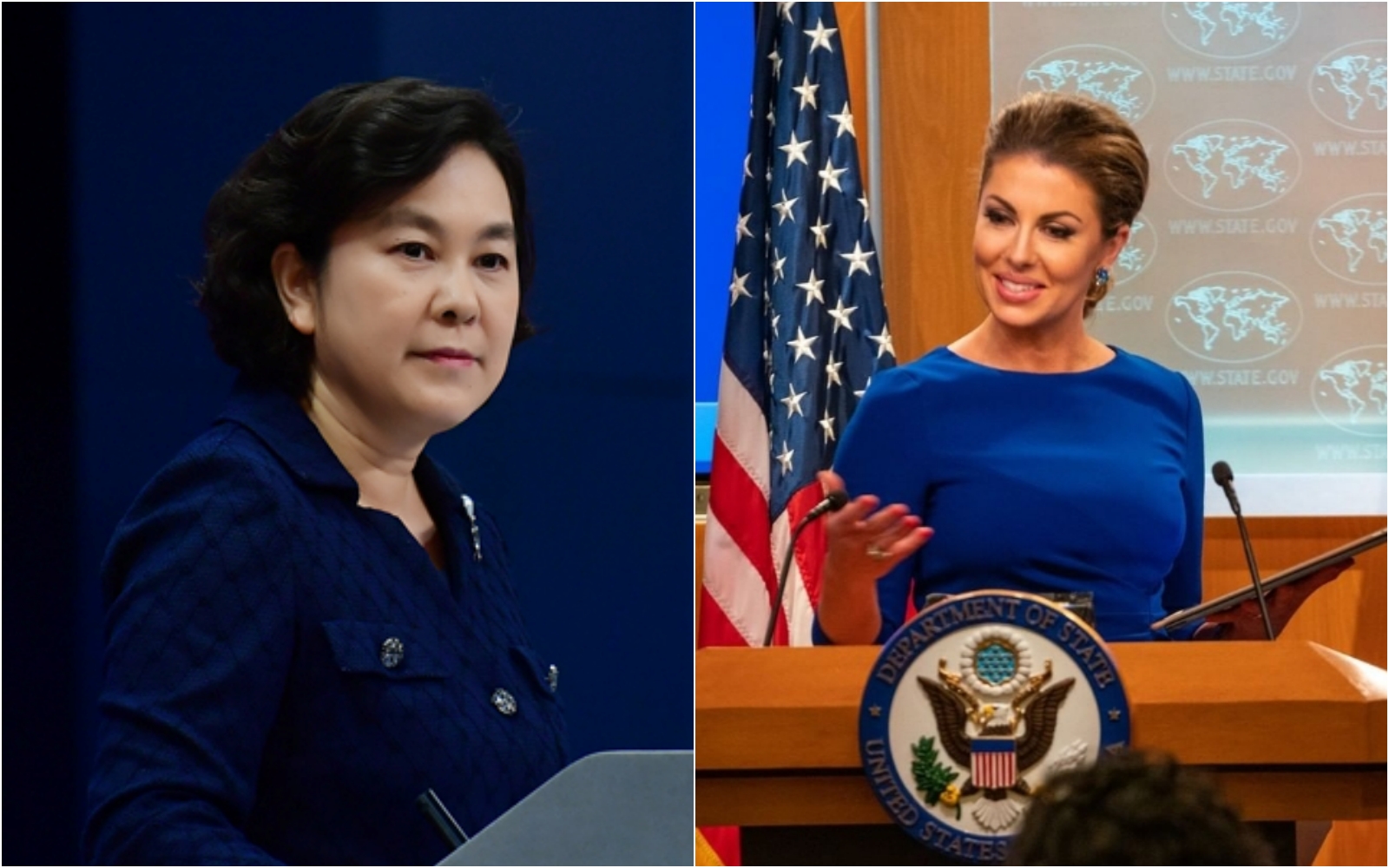 華春瑩（左）以台北有山東餃子館為由，稱台灣屬於中國，歐塔加斯（右）也以肯德基舉例反擊。（翻攝自中國外交部／歐塔加斯Instagram）