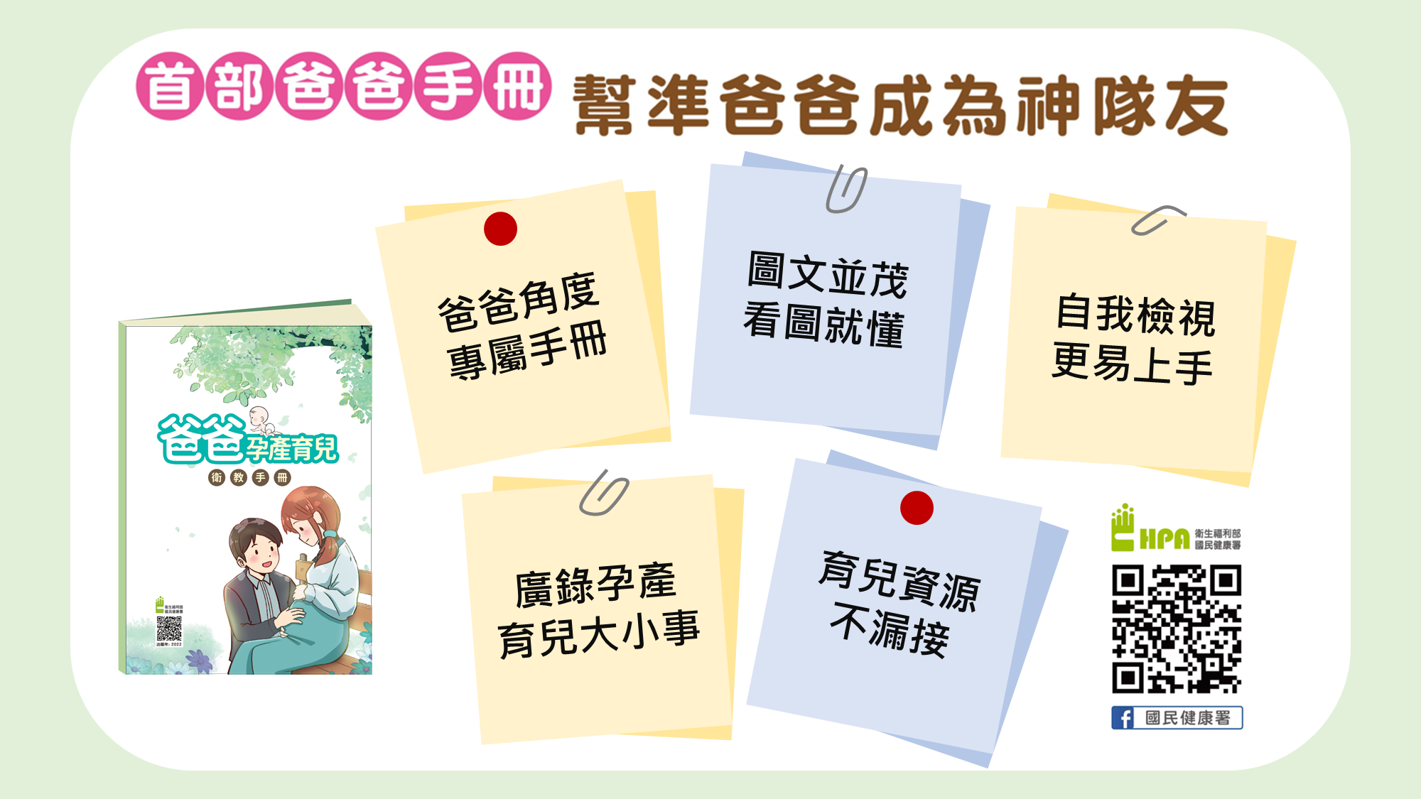 國健署推出的首部爸爸手冊，從父親的角度介紹如何迎接新生兒的所有大小事。（國健署提供）