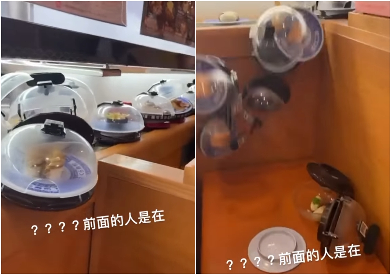 有網友在臉書社團po出一段影片,畫面中迴轉壽司的軌道疑似因不明原因卡住,導致壽司慘摔一片。(翻攝自爆廢公社)