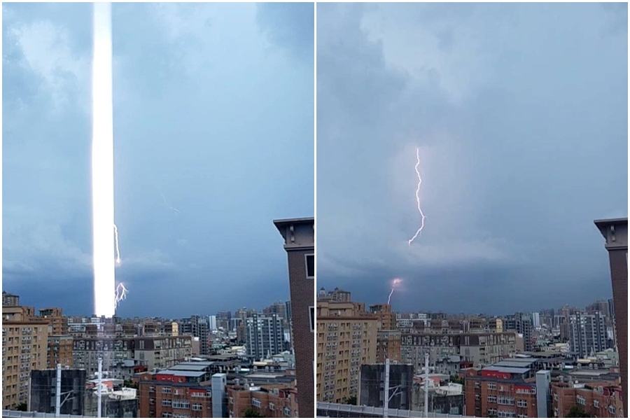 網友分享在雷電交加時，拍到「巨大一根」雷柱和閃電的畫面。（翻攝自爆料公社二社）