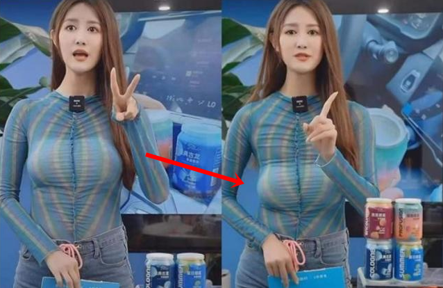 中國正妹直播帶貨時，胸前小可愛「位移」超多，讓直播間網友嚇傻。（翻攝自網路）
