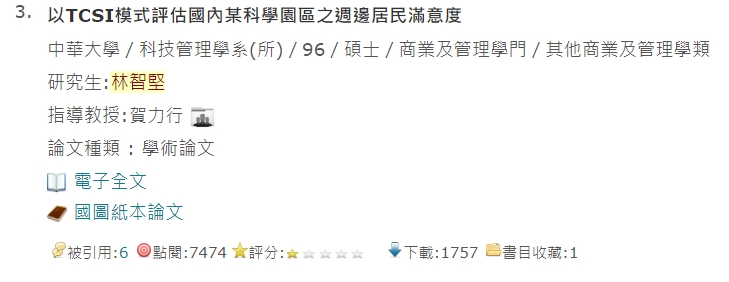 搜尋研究生「林智堅」的姓名,目前只剩下中華大學〈以TCSI模式評估國內某科學園區之週邊居民滿意度〉該篇碩士論文。(翻攝自台灣博碩士論文加值系統)