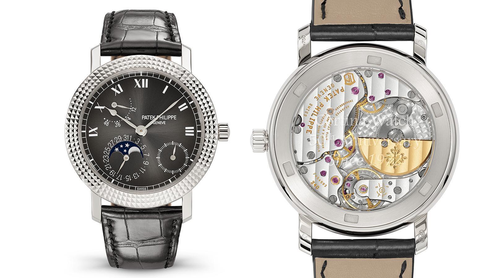 PATEK PHILIPPE Calatrava Ref. 5057G-010｜18K白金材質／時、分、小秒、日期、月相及動力儲存指示／240 PS IRM C LU自動上鍊機芯／定價：NT$1,656,000（限量100只）