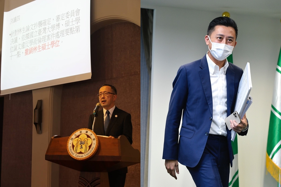 林智堅（右）昨日被台大認證論文抄襲，更要撤銷其學位；左為台大社科院長蘇宏達。（本刊資料照）