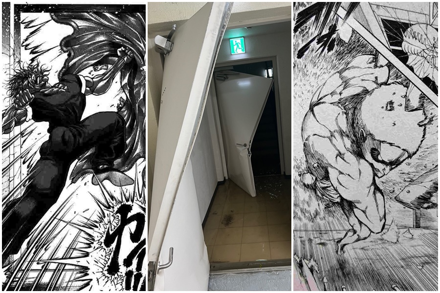 南韓一名繪師因暴雨逃出工作室，過程中破壞2扇逃生門的照片震驚網友，成為哏圖素材。（翻攝自推特）