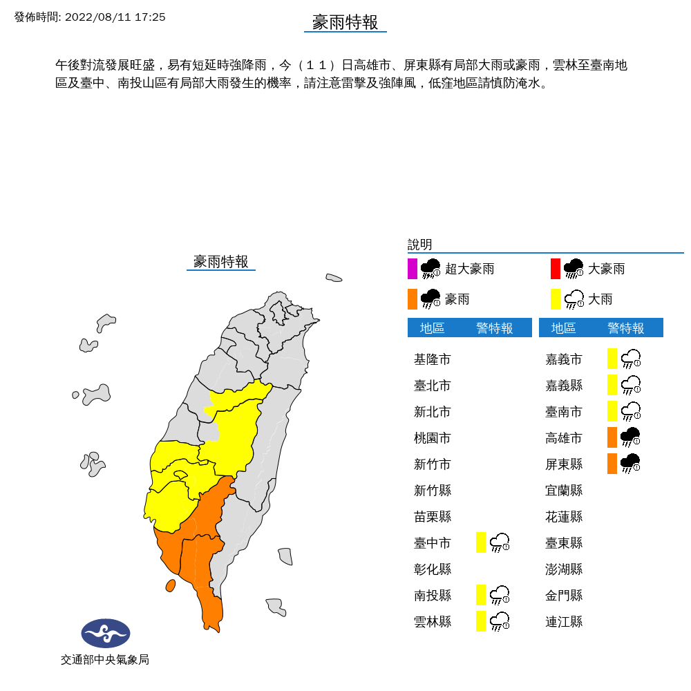 氣象局針對全台8縣市發布豪雨、大雨特報。(中央氣象局提供)