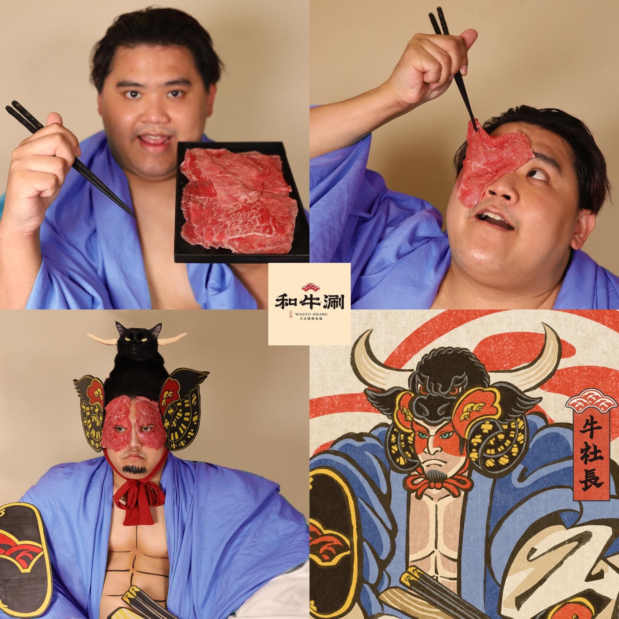 以超低成本coslplay生活所見、動漫角色的泰國網紅「lowcostcosplay」用家中貓咪與和牛完美詮釋「牛社長」。（翻攝自Lowcostcosplay推特）