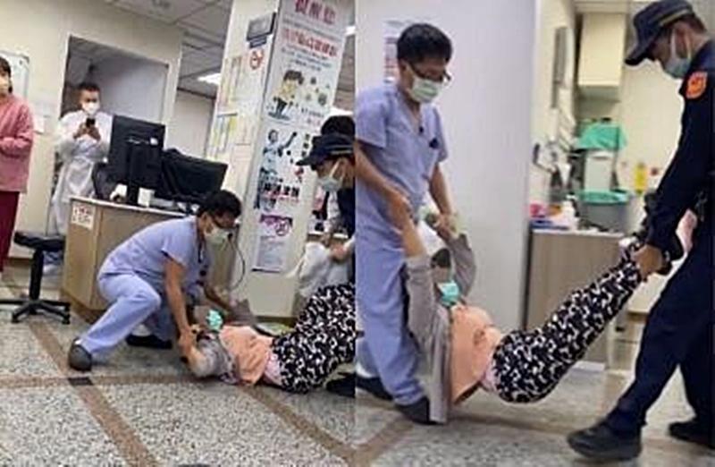 一名大媽狂鬧醫院，最後被院方人員和警察「大字型抬走」請出醫院。（翻攝TikTok）