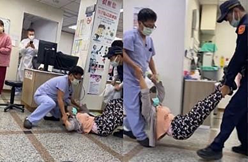 一名大媽狂鬧醫院,最後被院方人員和警察「大字型抬走」請出醫院。(翻攝TikTok)