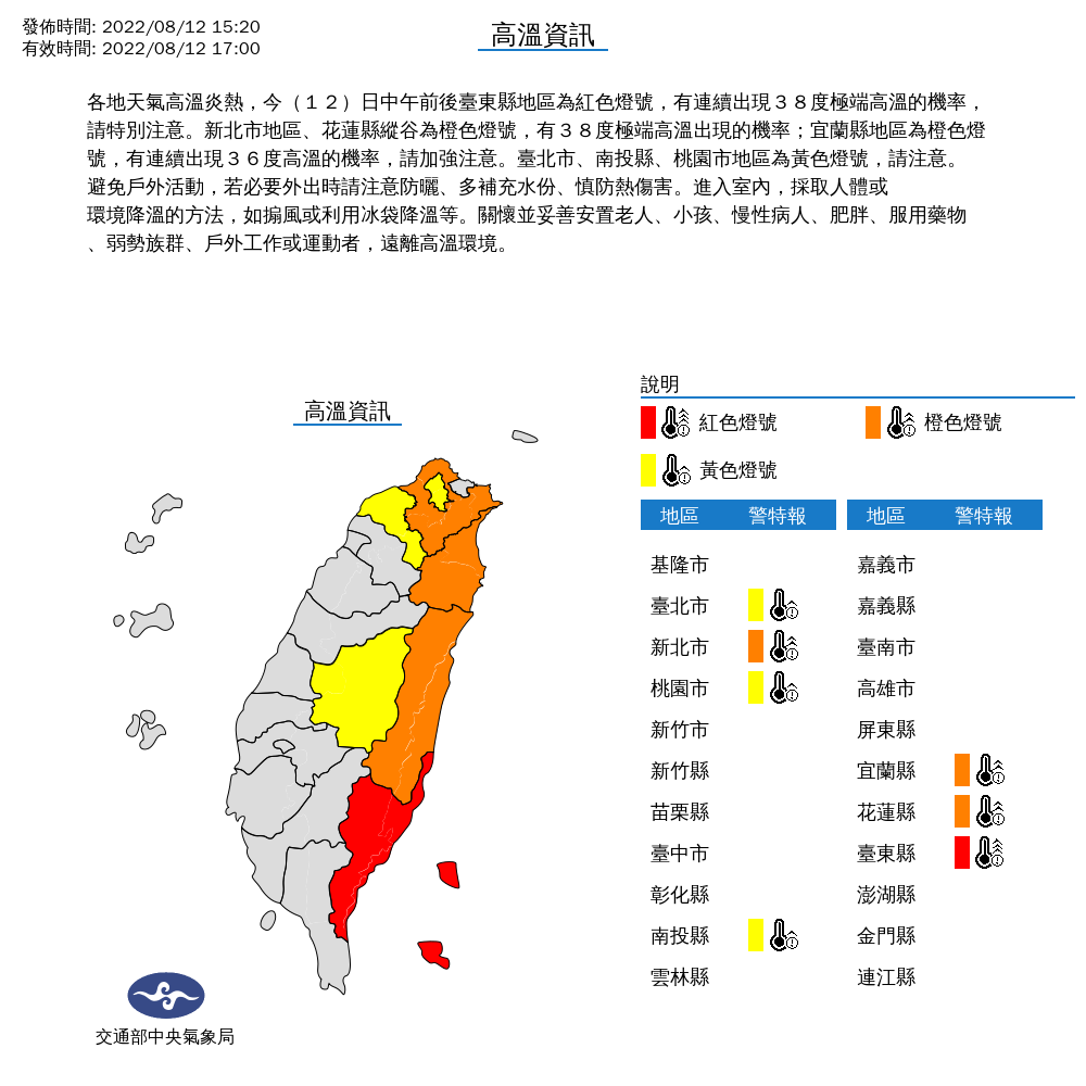 各地天氣也依舊高溫炎熱,氣象局下午持續發布高溫警示資訊。(中央氣象局提供)